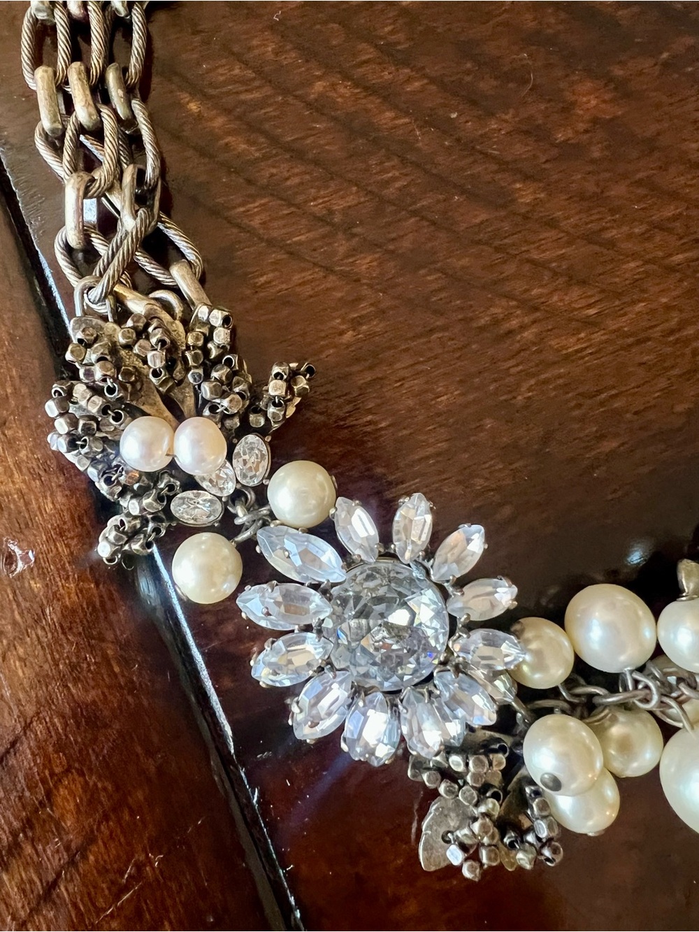 J.Crew Pearl Crystal Floral Statement Necklace Gold Tone Bridal - Picture 2 of 7